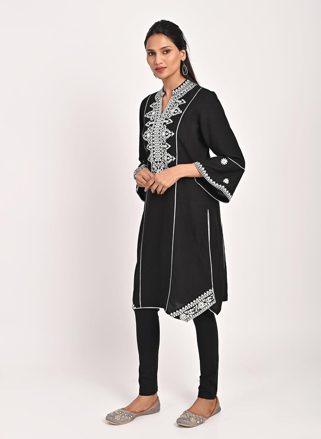 Black Mid-length Cotton Kurti for Women with Embroidery - Lakshita