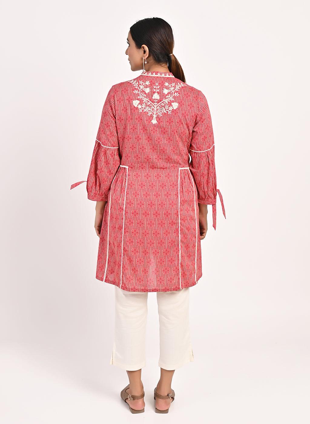 Floral Stripe Red Tunic with Dori Embroidery - Lakshita