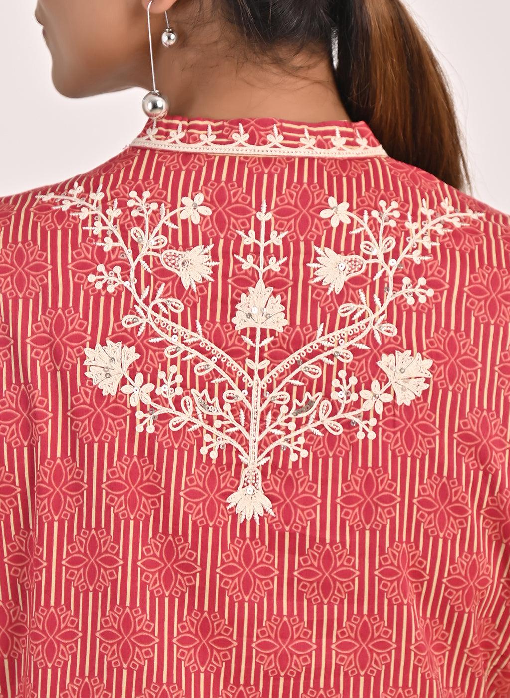 Floral Stripe Red Tunic with Dori Embroidery - Lakshita