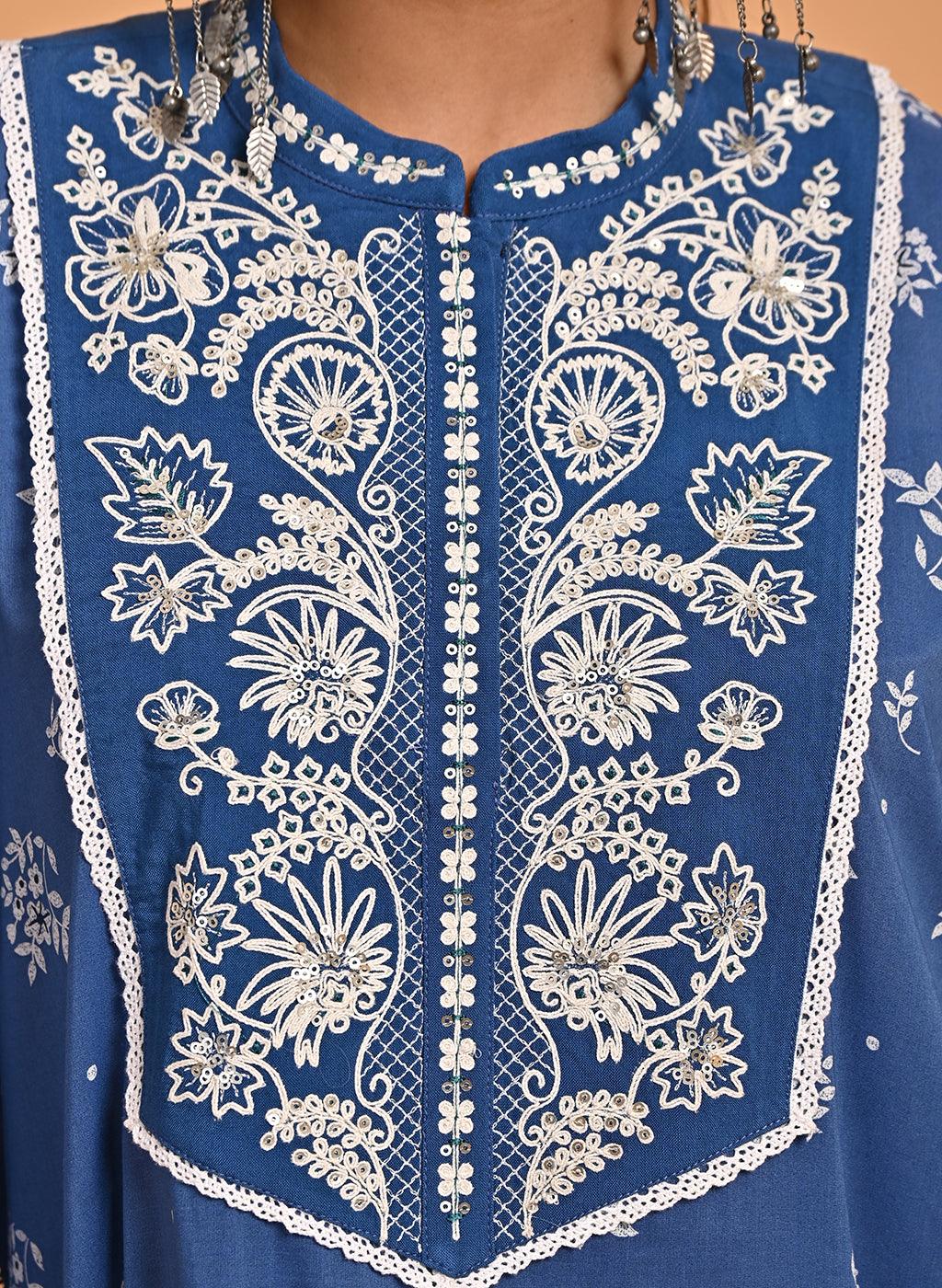 Blue Cotton Printed Kaftan Kurta with Embroidery - Lakshita
