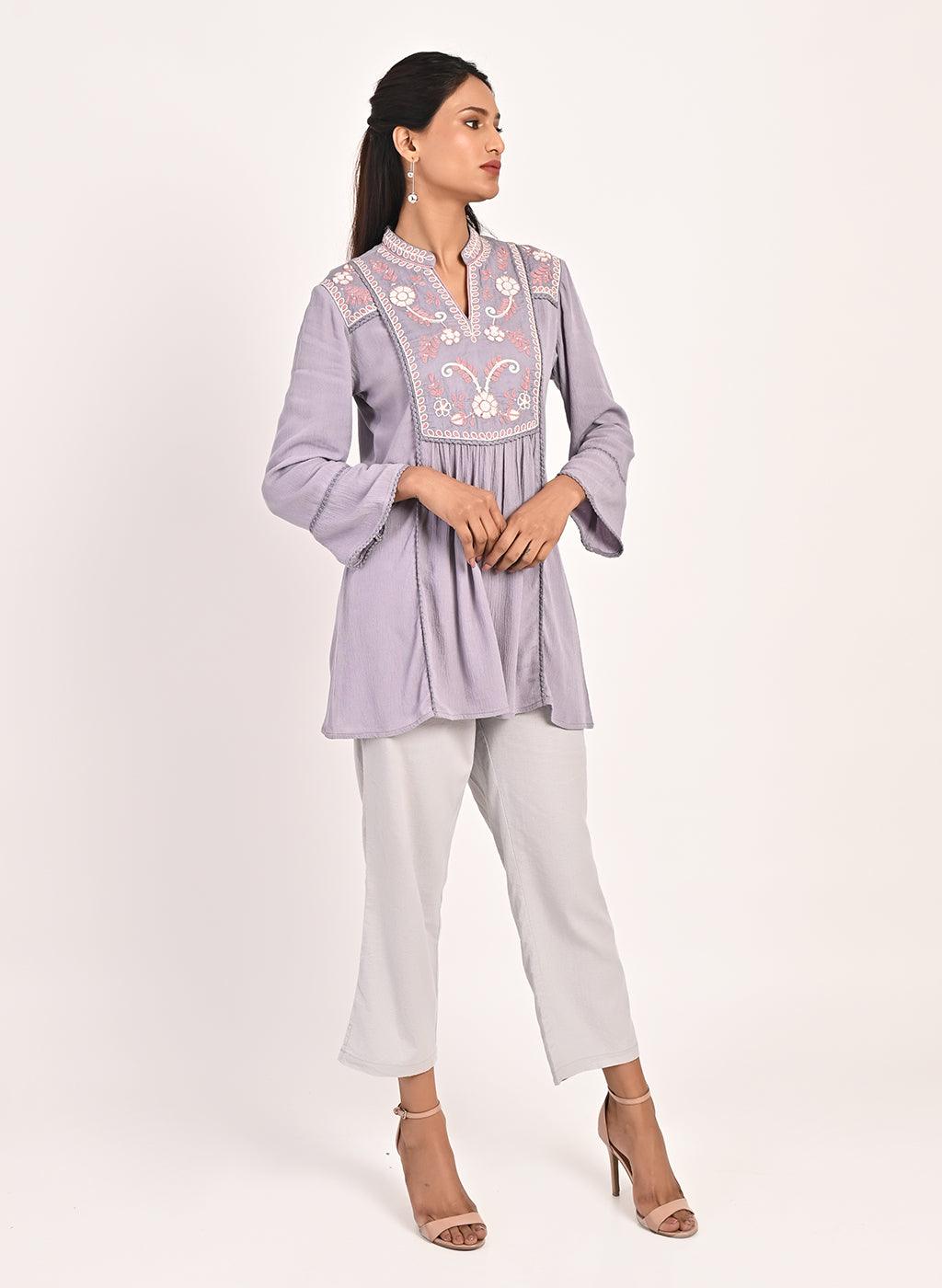 Lavender Collared Tunic with Embroidery at Yoke - Lakshita
