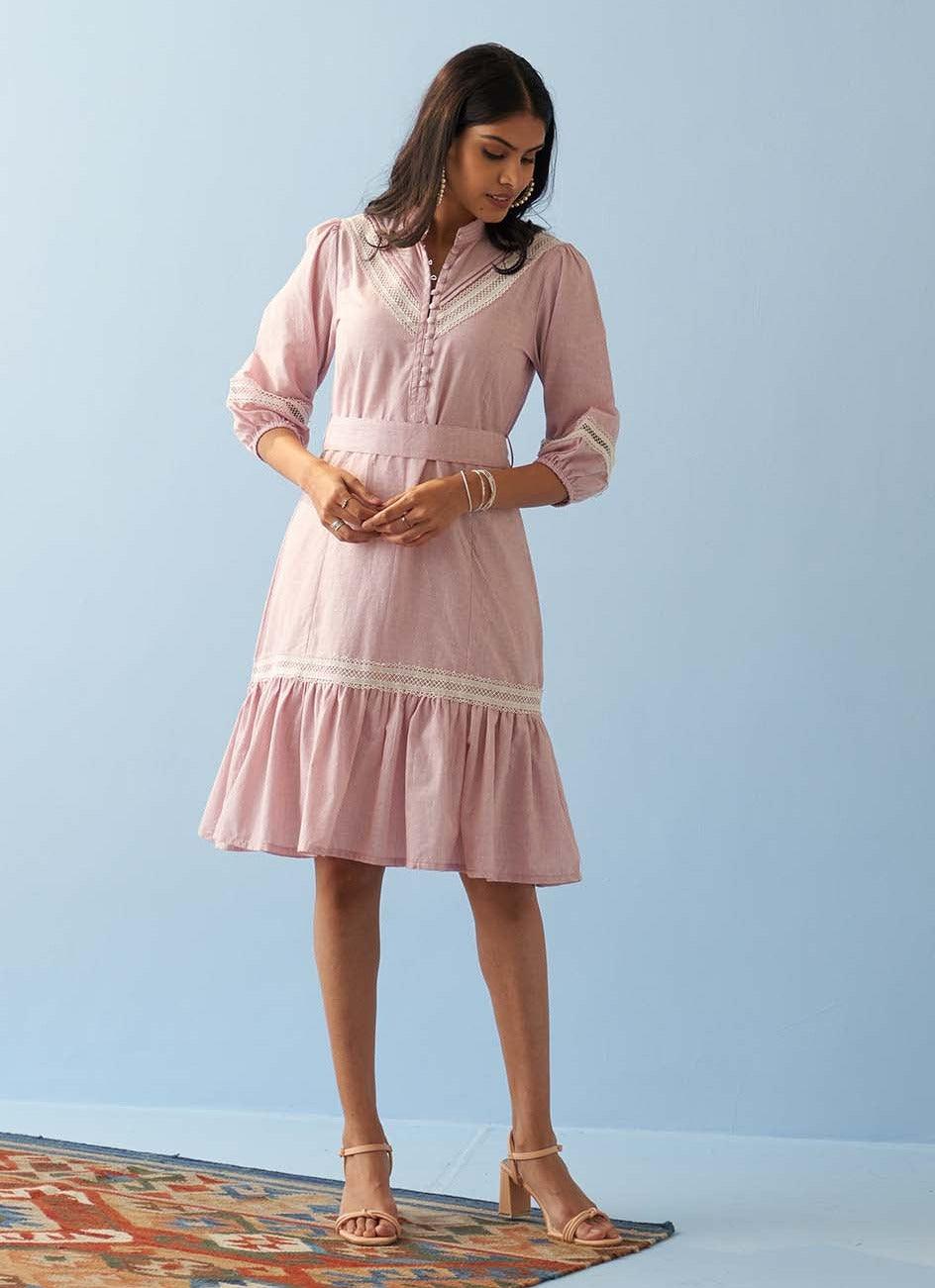 Pink Dress for Women with Button Detailing and Puffed Sleeves - Lakshita