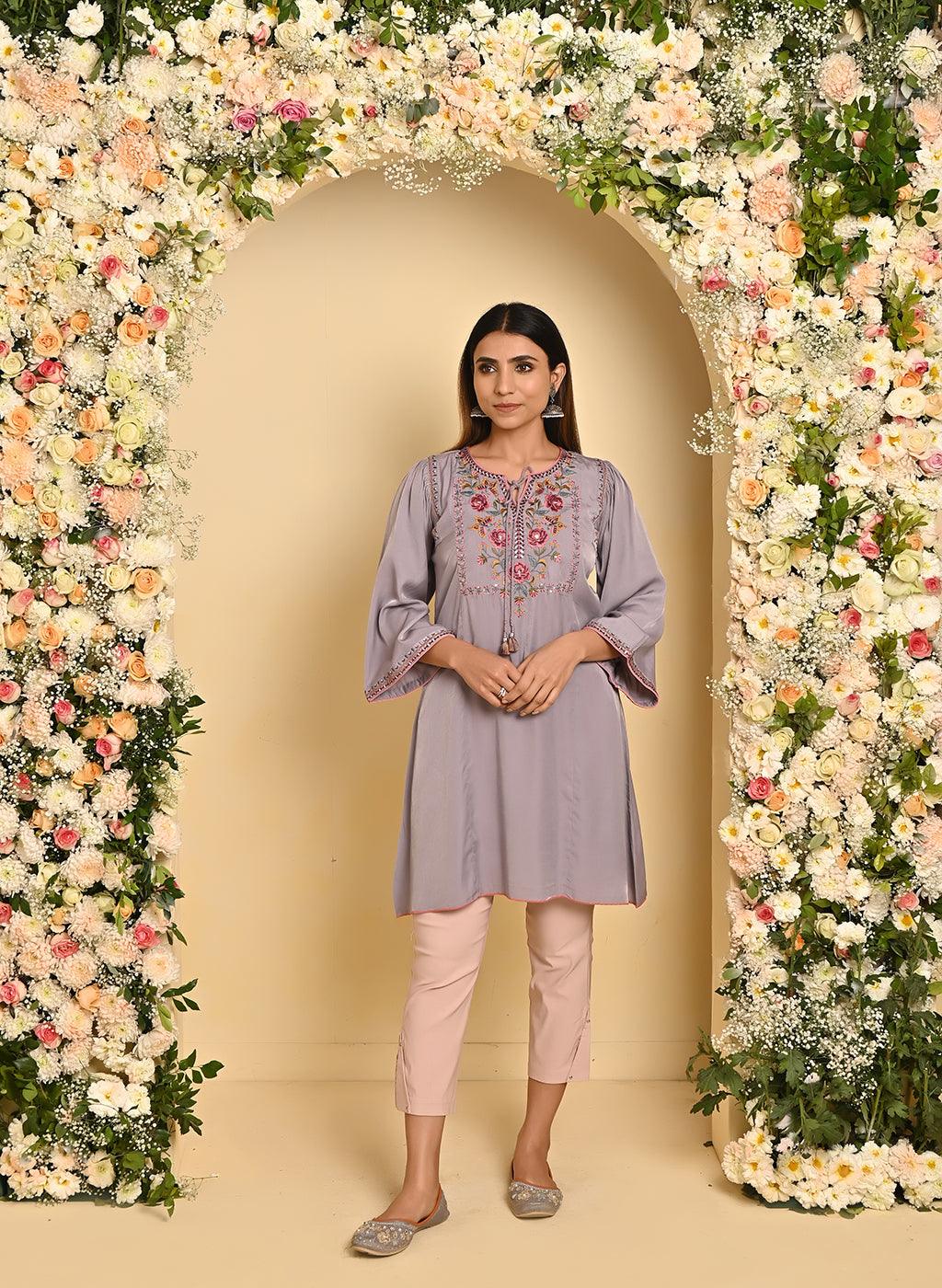 Lavender A-line Kurti with Floral Embroidery - Lakshita
