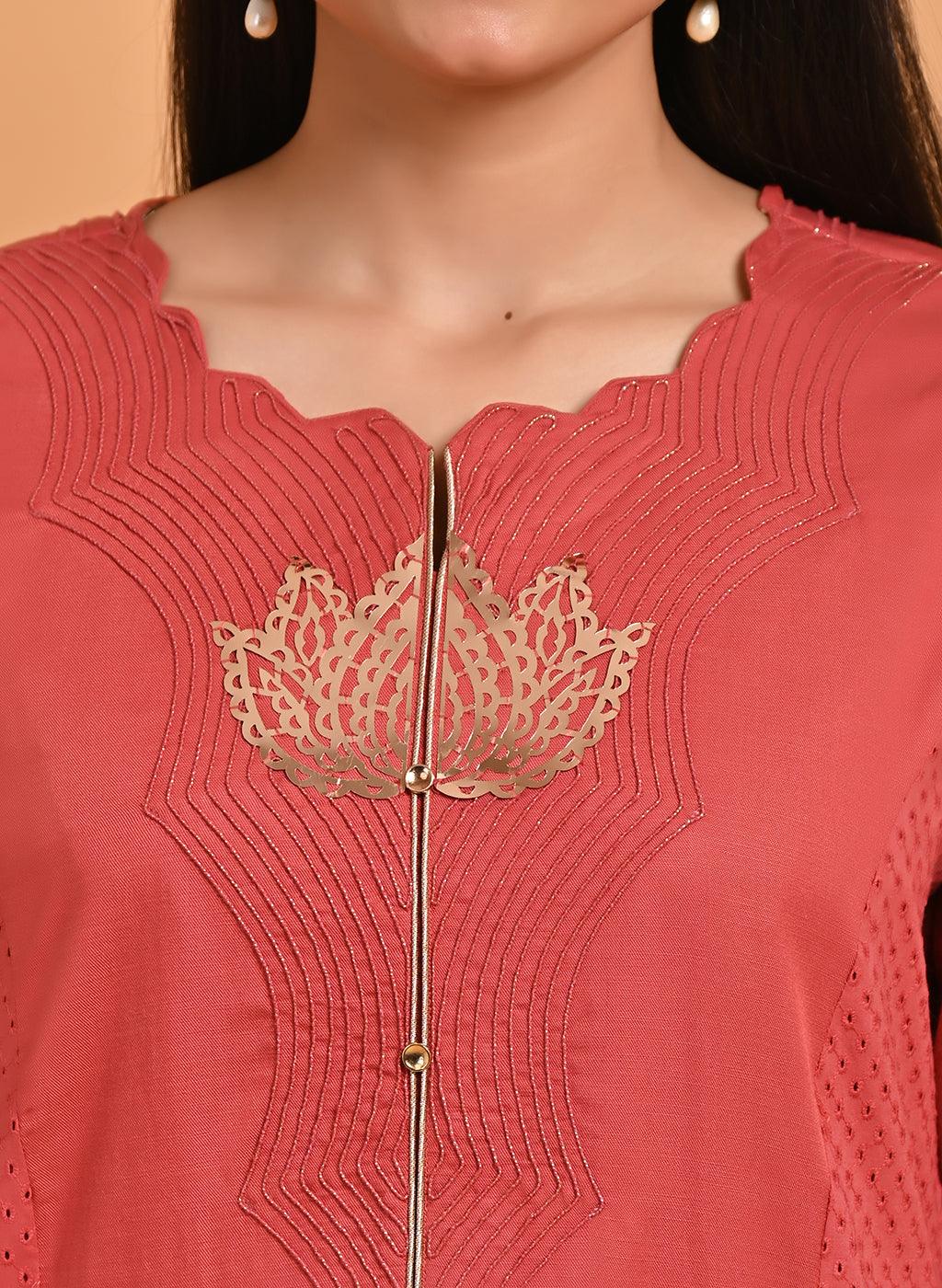 Light Maroon Embroidered Cotton Kurta with 3/4th Sleeves and Asymmetrical Hem - Lakshita