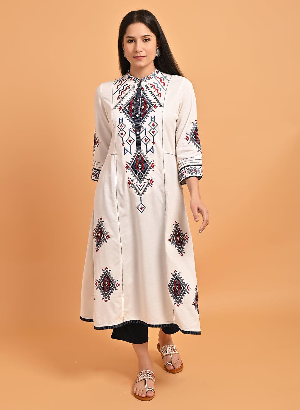 Ivory Long Straight Cotton Kurta with Geometrical Motif Embroidery - Lakshita