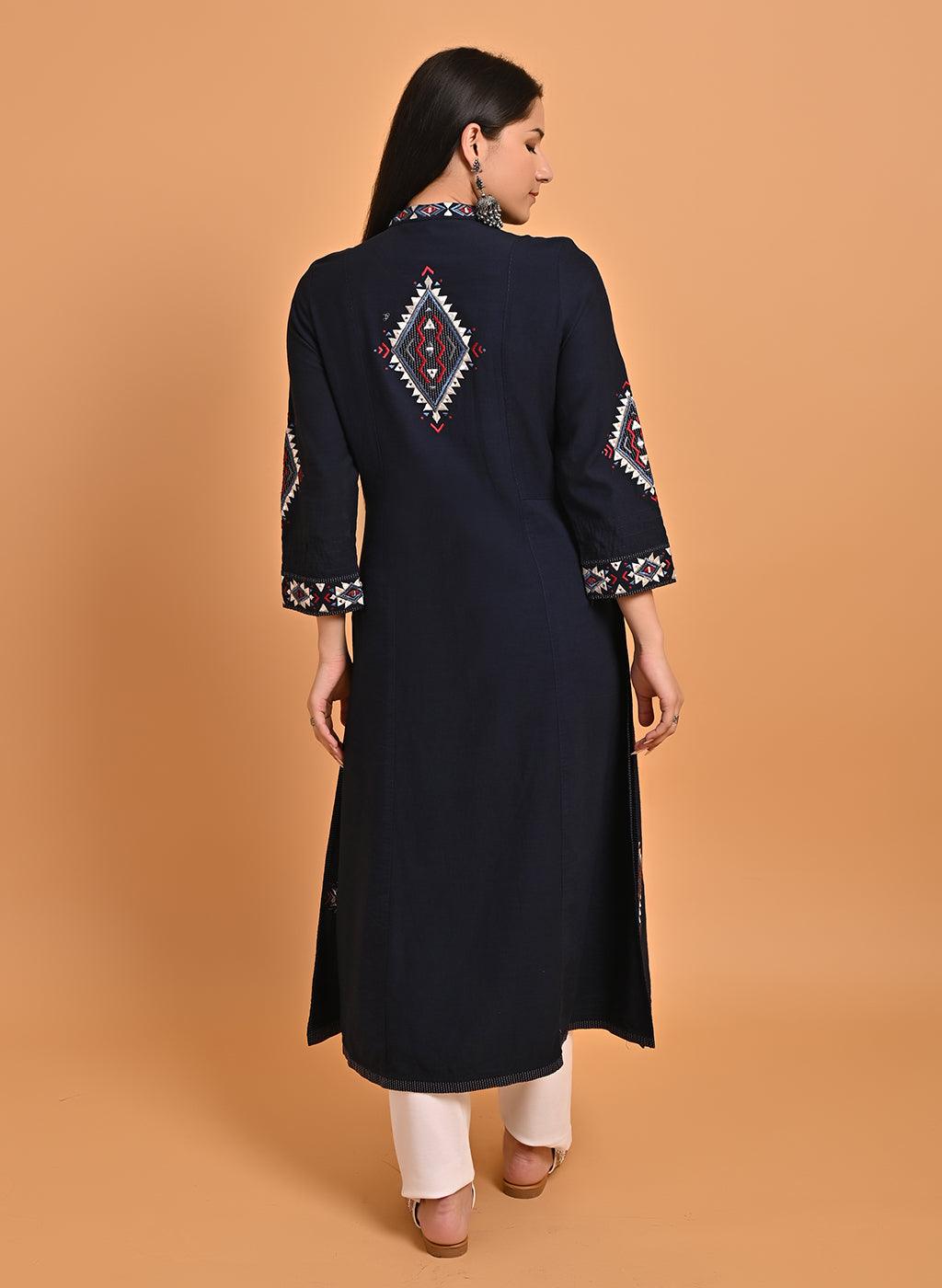 Navy Blue Long Straight Cotton Kurta with Geometrical Motif Embroidery - Lakshita