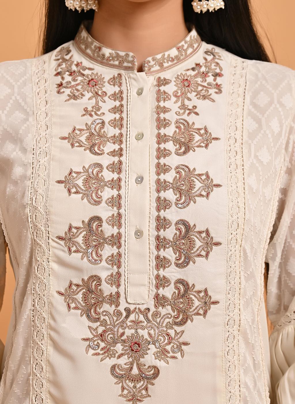 Ivory Long Kurta with Embroidery and Flared Sleeves - Lakshita