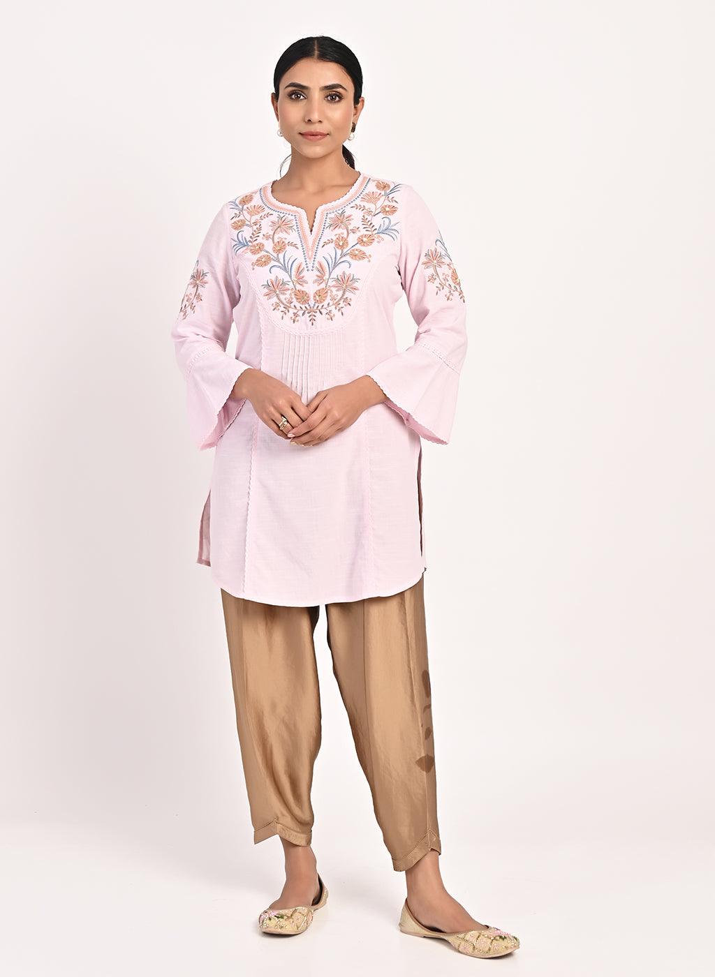 Pink Cotton Kurti with Floral Embroidery - Lakshita