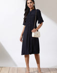Blue Solid Dress with Button Closure