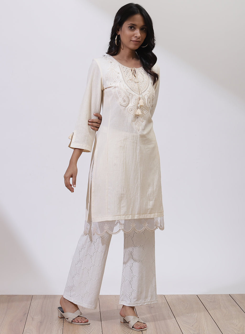 Ivory A-Line Kurta with Delicate Embroidery