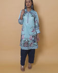Spa Blue Floral Printed Button Down Kurti with Sequin Work