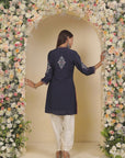 Navy Blue Embroidered Thigh-length Kurti with 3/4th Sleeves