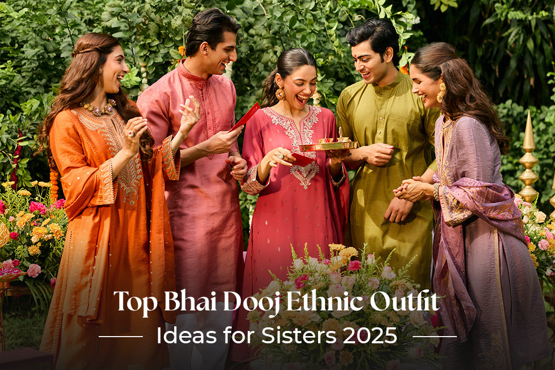 Brothers and sisters celebrating Bhai Dooj 2025 in vibrant traditional outfits, exchanging gifts and smiles outdoors.