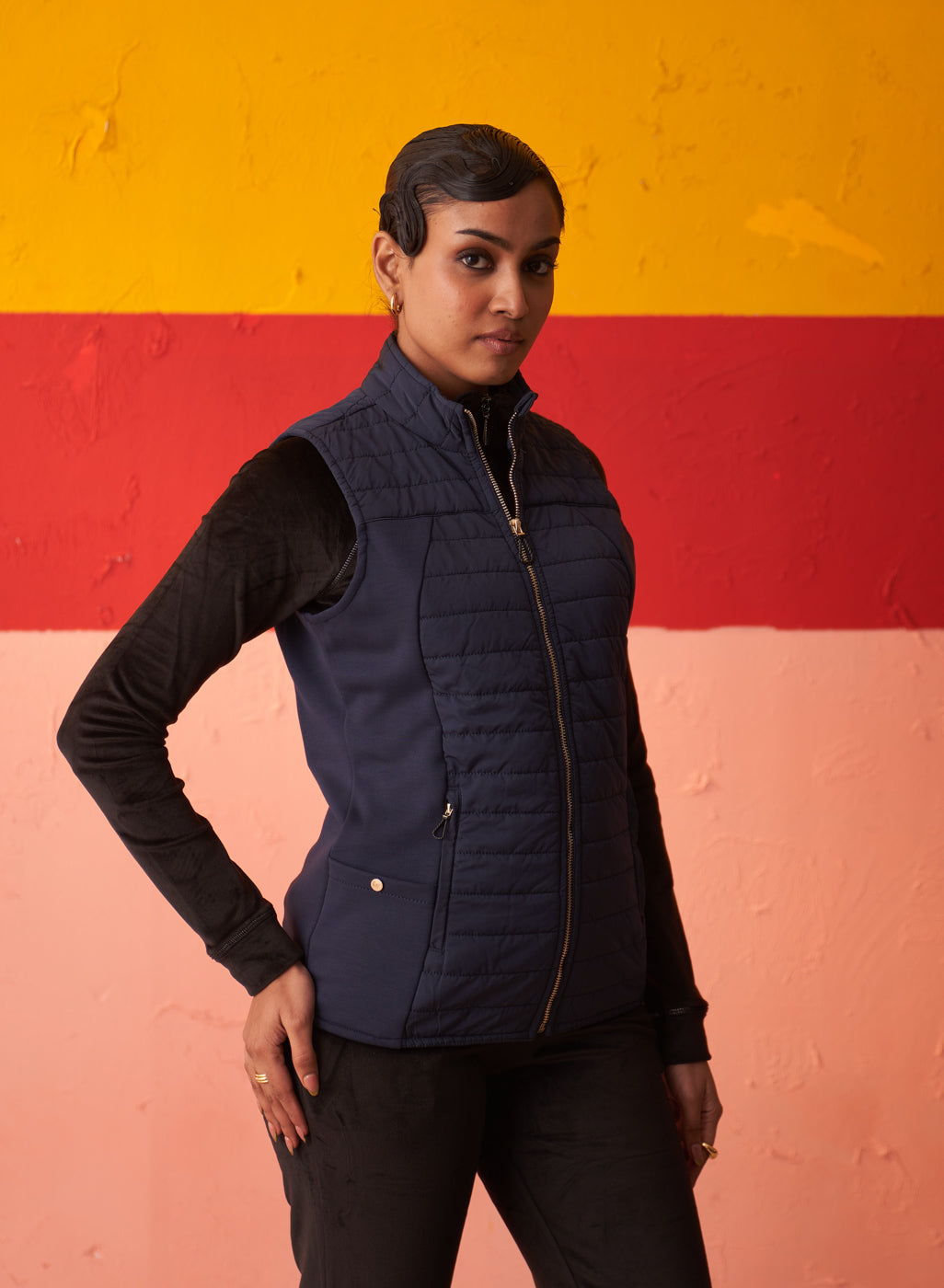 Navy Blue Sleeveless High-neck Jacket for Women With Pockets