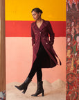 Wine Long Coat for Women with Stand Collar and Belt