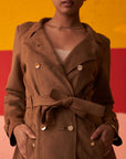 Brown Long Coat for Women with Stand Collar and Belt
