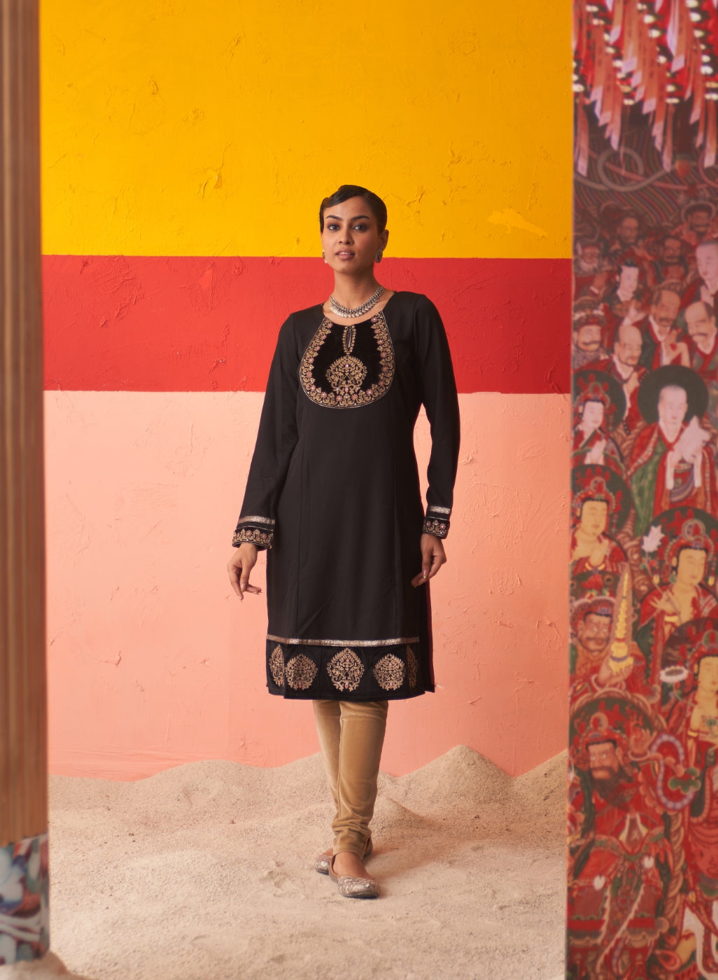 Black Women’s Woollen Kurti with Embroidered Yoke and Button Detailing on Cuffs