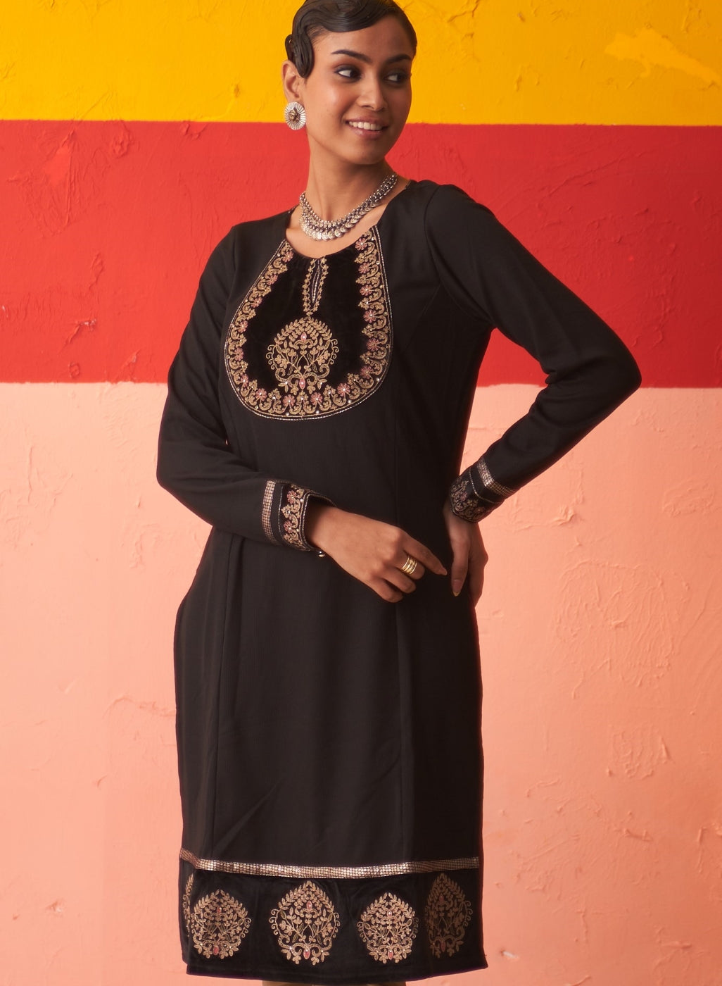 Black Women’s Woollen Kurti with Embroidered Yoke and Button Detailing on Cuffs