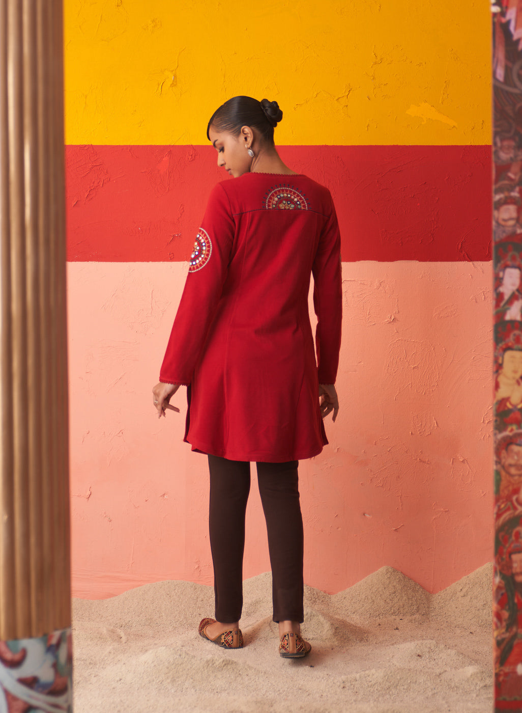 Red Embroidered Woollen Kurti for Women with Mirror Work