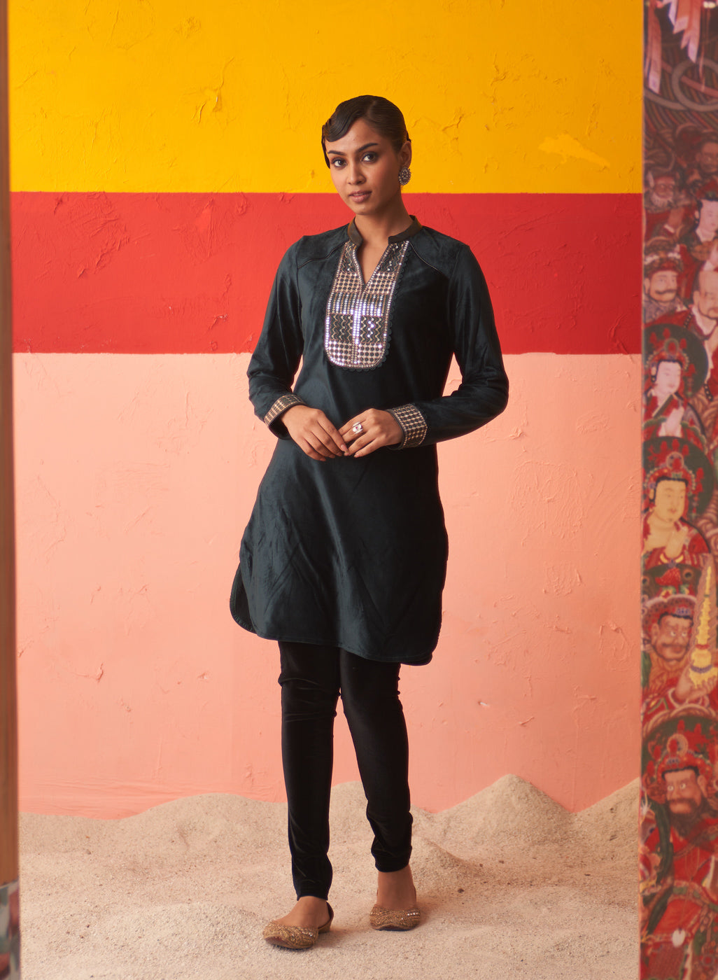 Essex Green Woollen Kurta for Women with Leather Collar and Sequin Work