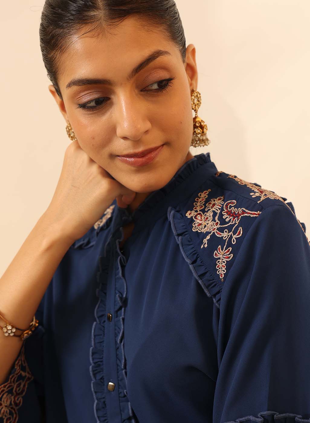 Cobalt Blue Embroidered Tunic with Button Detailing – Lakshita