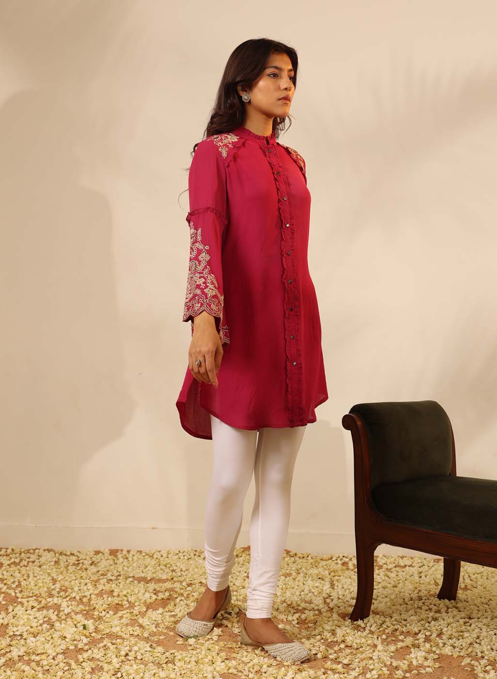Fuchsia Embroidered Tunic with Button Detailing