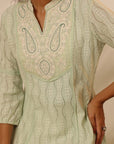 Green Raschel Net Embroidered Kurti for Women