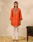 Orange Collared Tunic with Intricate Embroidery and Bell Sleeves