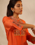 Orange Collared Tunic with Intricate Embroidery and Bell Sleeves