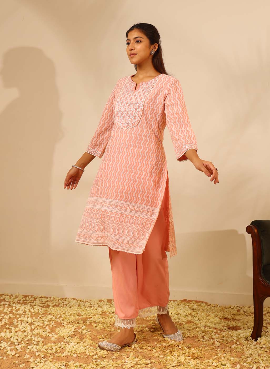 Pink Long Chanderi Kurta Set with Mirrorwork