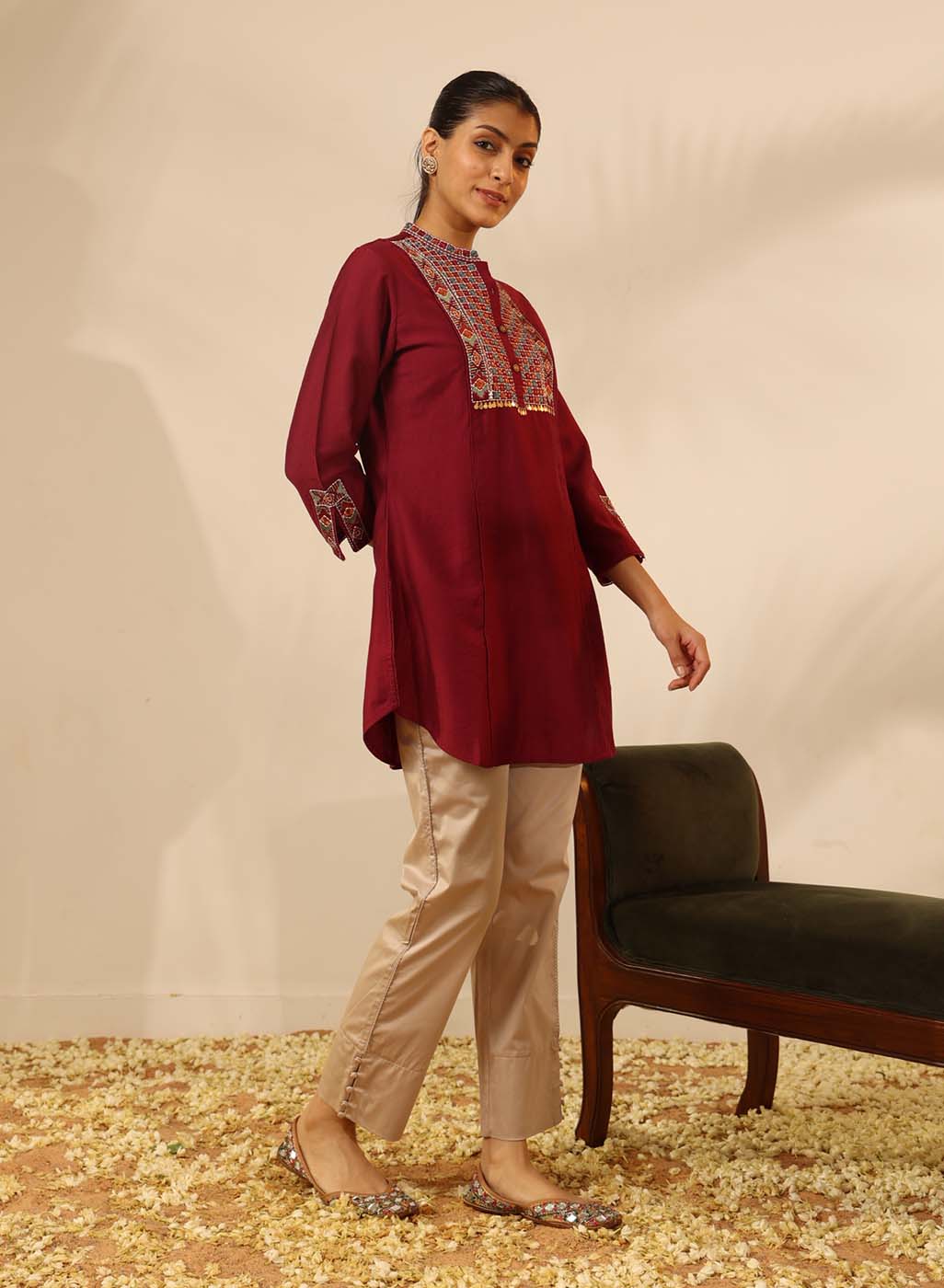 Maroon Collared Tunic with Intricate Embroidery and Bell Sleeves