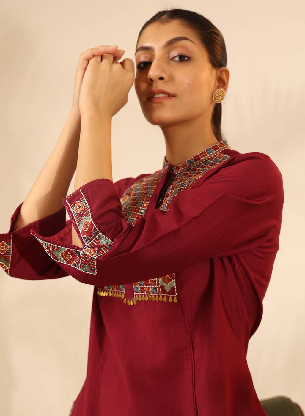 Maroon Collared Tunic with Intricate Embroidery and Bell Sleeves