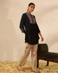 Black Collared Tunic with Intricate Embroidery and Bell Sleeves