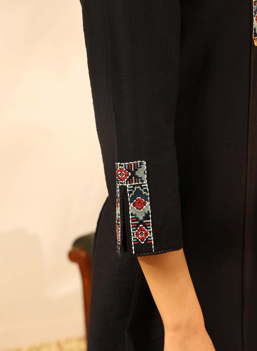 Black Collared Tunic with Intricate Embroidery and Bell Sleeves