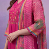 Fuchsia Printed Suit Set with Applique Neckline