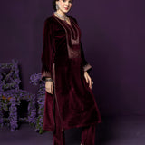Fareen Maroon Embroidered Velvet Suit Set with Dupatta