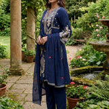 Aarvi Navy Floral Embroidered Suit Set with Dupatta