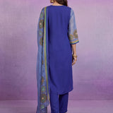 Bright Blue Printed Suit Set with Applique Neckline