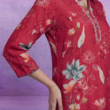 Red Cotton Blend Printed Sequin Co-ord Set
