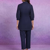 Navy Blue Floral Embroidered Straight Co-ord Set