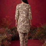 Cream Metallic Print & Pearl Kurta Set