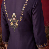 Ibadat Deep Purple Floral Embroidered Rayon V-neck Kurta Set with Pockets