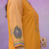 Yellow Printed Suit Set with Applique Neckline