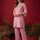 Pink Embroidered Cotton Blend Regular Kurta Set