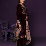 Vedhi Maroon Embroidered Velvet A-line Suit Set with Brasso Dupatta