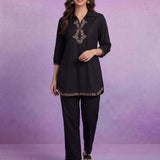 Black Cotton Slub Applique Dori Work Co-ord Set