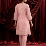 Baby Pink Embroidered Chanderi A-Line Suit Set