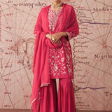 Joy Carmine Red Embroidered Rayon Salwar Suit Set with Dupatta