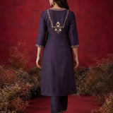 Ibadat Deep Purple Floral Embroidered Rayon V-neck Kurta Set with Pockets
