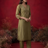 Green Embroidered Chanderi Festive Co-Ord Set